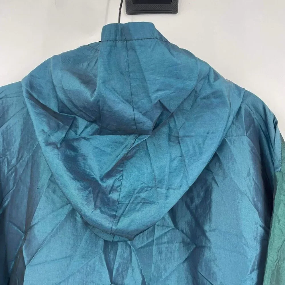 Vintage 80s Mens Colorblock Oversized Hooded Windbreaker Jacket Blue Green Large